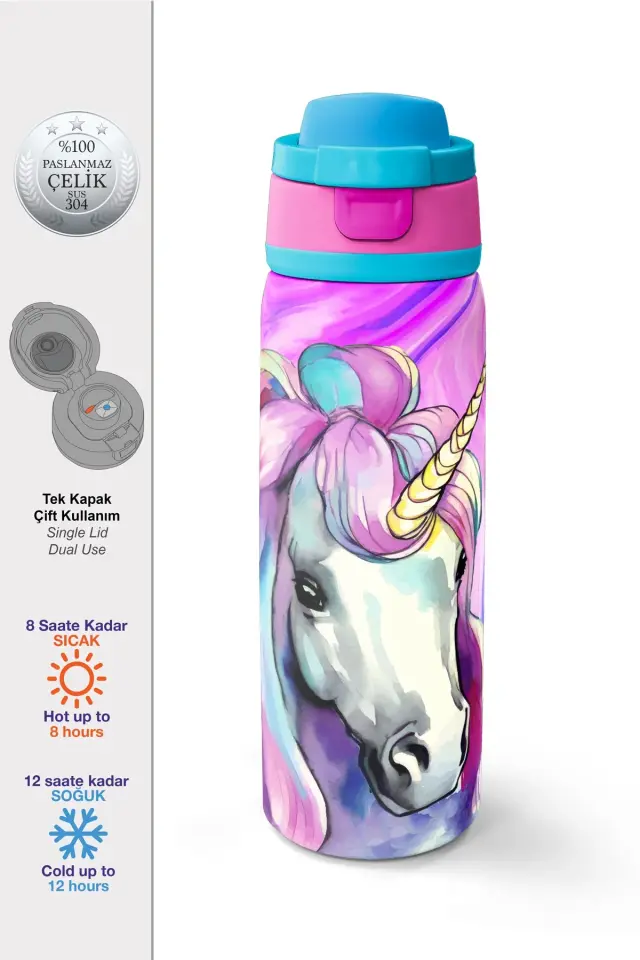 Coral High Pembe Unicorn Desenli Pipetli ve Direkt İçim Çelik Termos 800 ml 38523 Adet