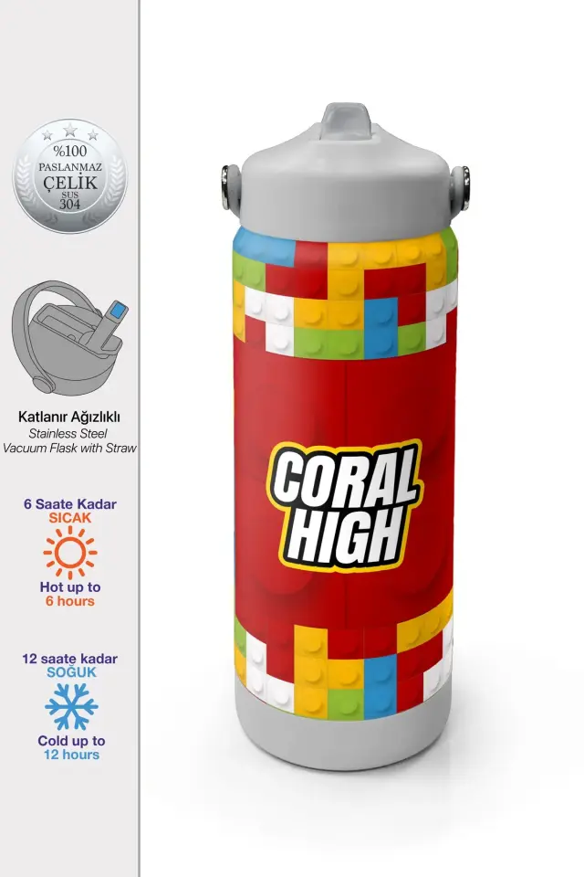 Coral High Kids Blok Desenli Pipetli ve Direkt İçim Çelik Termos 500 ml 31991 Adet