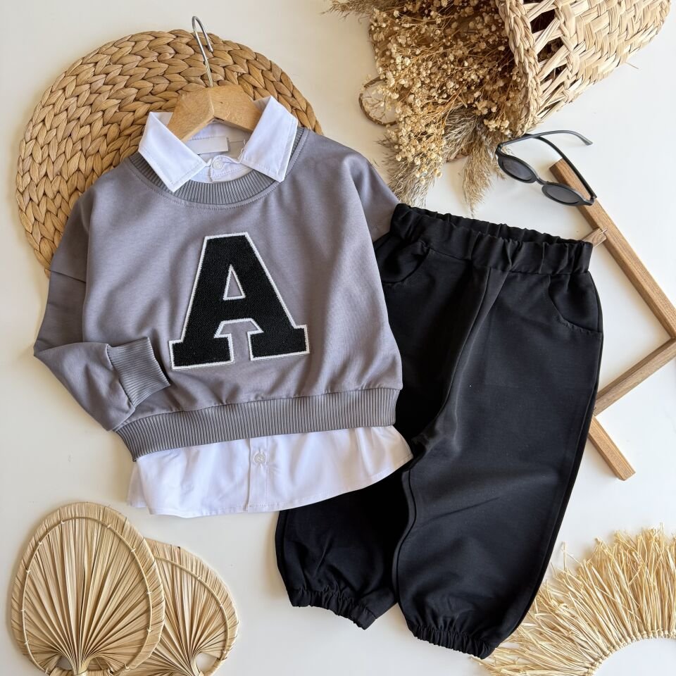 Gri Gömlek Detaylı Takım 9-10 YAŞ