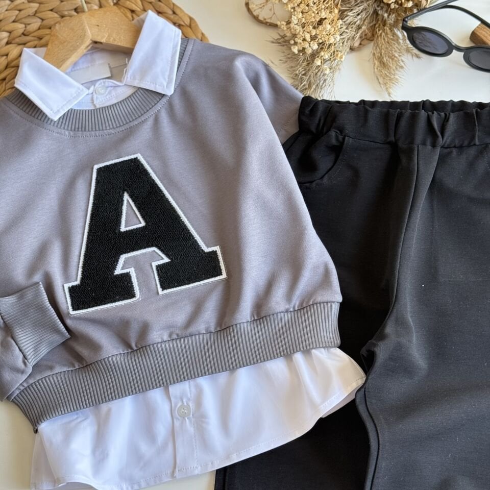 Gri Gömlek Detaylı Takım 9-10 YAŞ