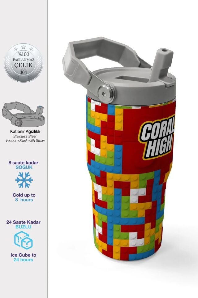 Coral High Renkli Blok Desenli Katlanır Ağızlıklı Çelik Termos 600 ml 38917 Adet